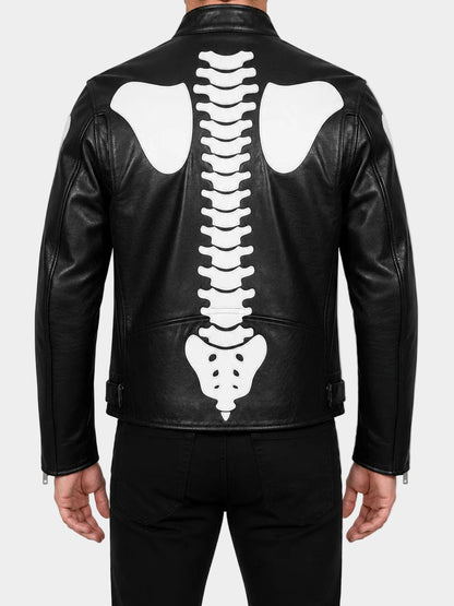 Mens Black Skeleton Real Leather Biker Jacket