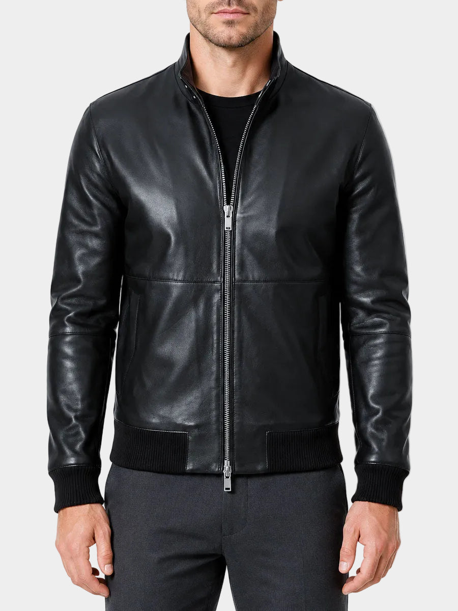 Mens Black Stand Collar Leather Bomber Jacket