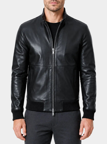 Mens Black Stand Collar Leather Bomber Jacket
