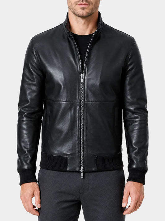 Mens Black Stand Collar Leather Bomber Jacket