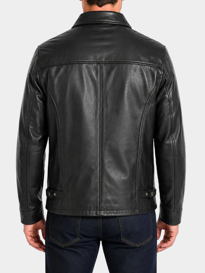 Mens Black Zipper Shirt Collar Leather Jacket