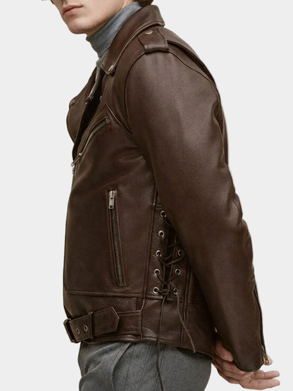 Mens Brown Genuine Leather Belted Biker Jacket