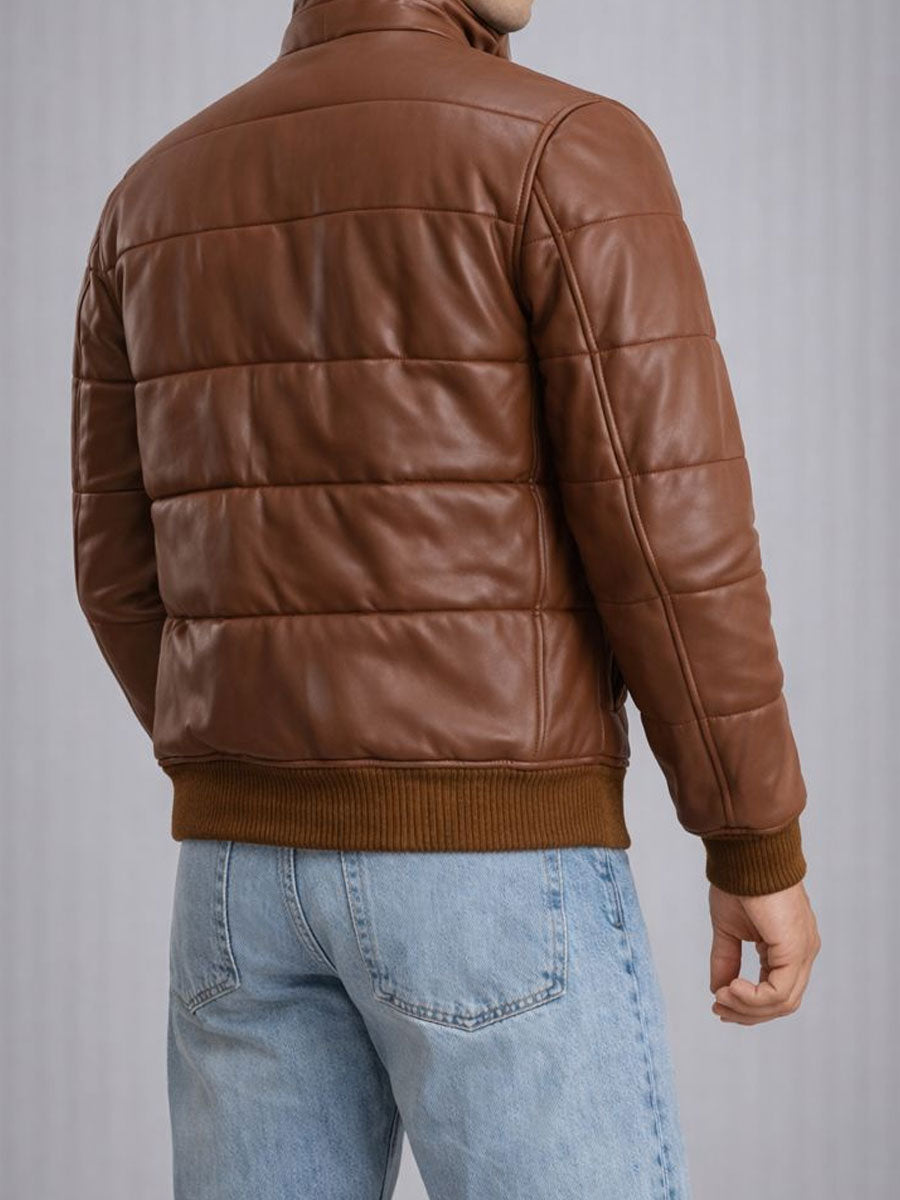 Knoxen Brown Puffer Bomber Leather Jacket