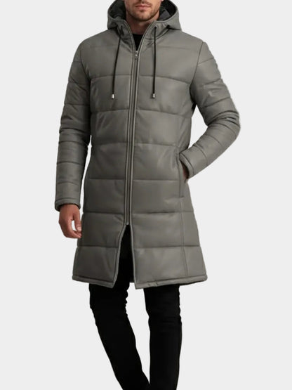 Men's Long Grey Puffer Leather Coat