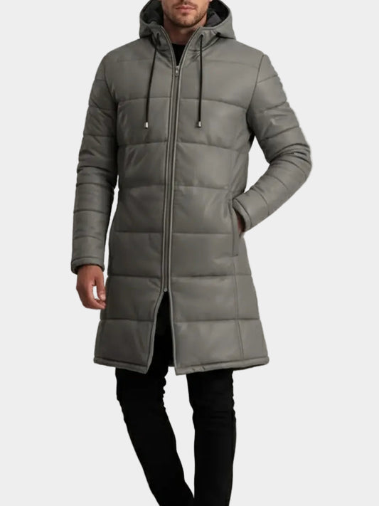 Men's Long Grey Puffer Leather Coat