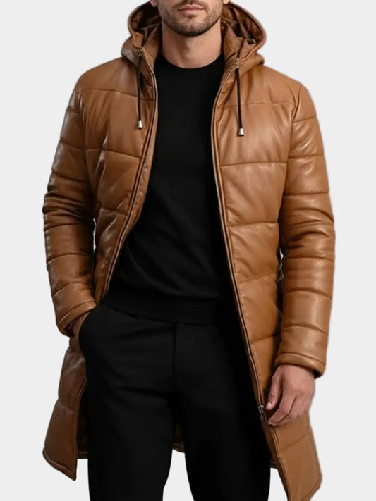Mens Long Tan Puffer Leather Coat