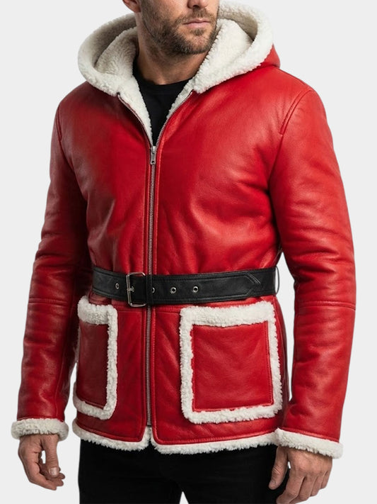 Santa Claus Red Hooded Leather Jacket