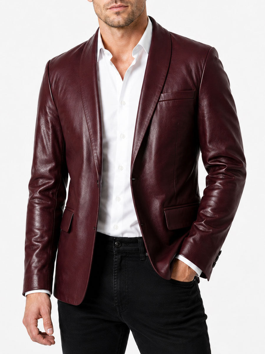 Mens Shawl Collar Black Leather Blazer