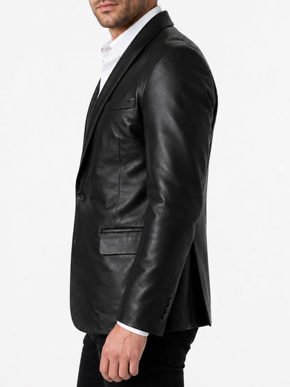 Mens Single Button Black Leather Blazer