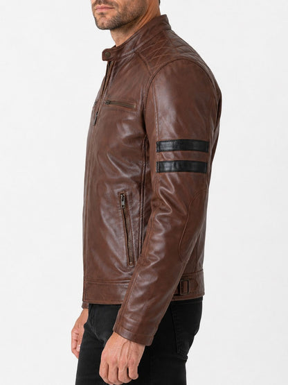 Mens Striped Brown Cafe Racer Leather Jacket