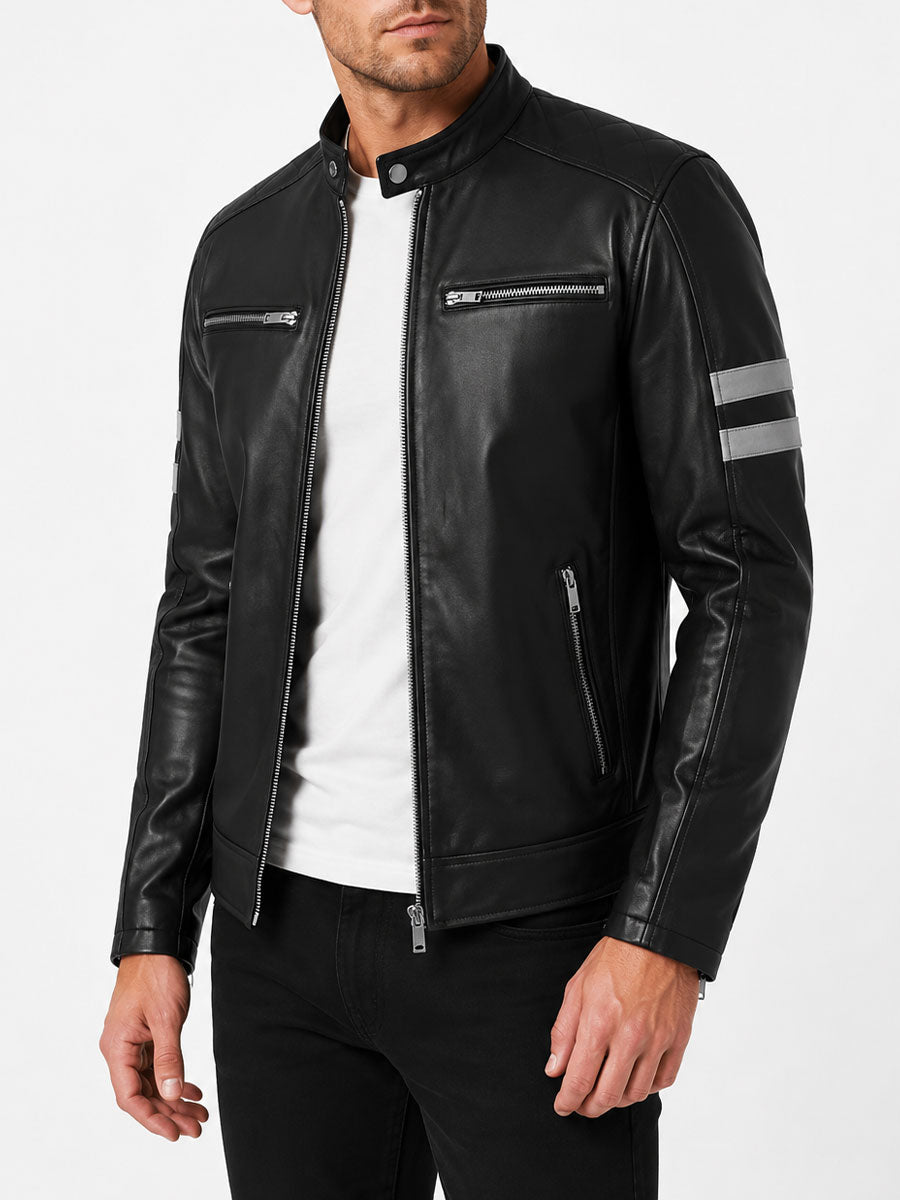 Mens Striped Cafe Racer Black Leather Jacket