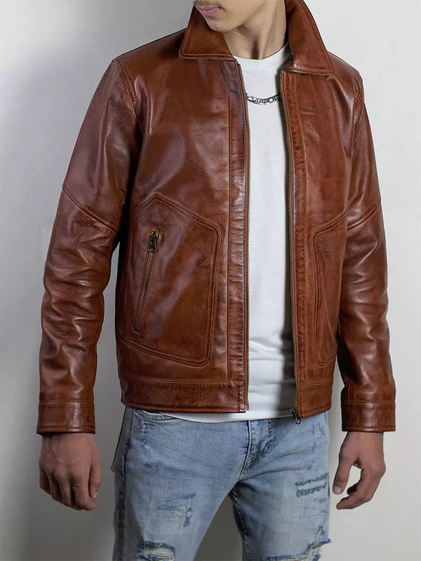 Men's 100% Real High-Quality Lambskin Leather Brown Shirt Collar Jacket