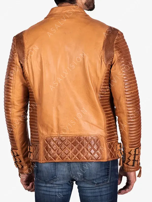 Mens Adrian Quilted And Padded Tan Brown Biker Motorcycle Leather Fashion Jacket 