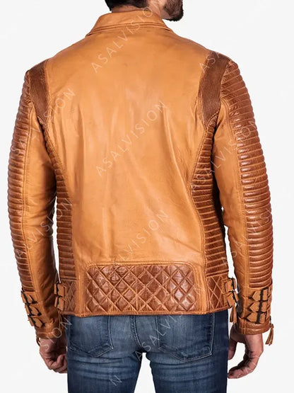 Mens Adrian Quilted And Padded Tan Brown Biker Motorcycle Leather Fashion Jacket 