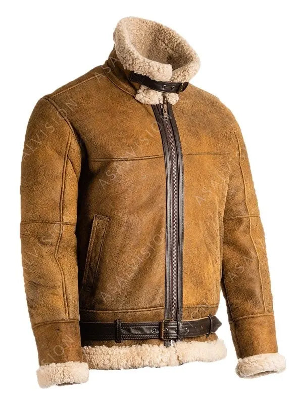 Mens B3 Bomber Fur Shearling Aviator Sheepskin Leather Brown Jacket