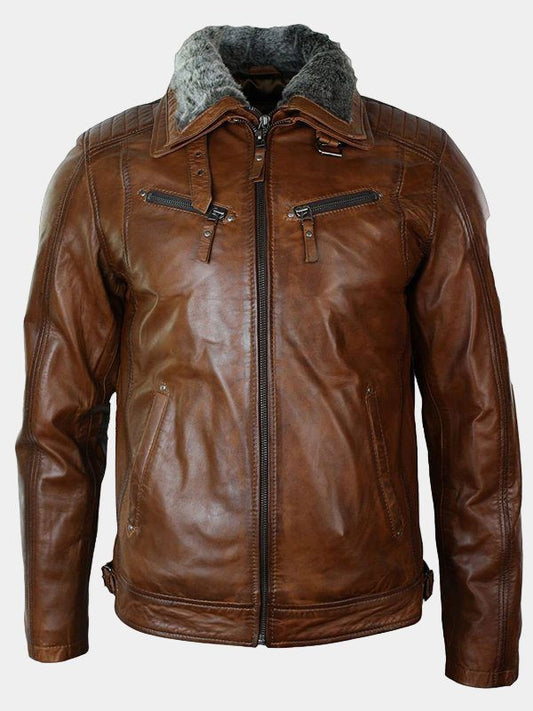 Mens Detachable Fur Collar Brown Leather Jacket