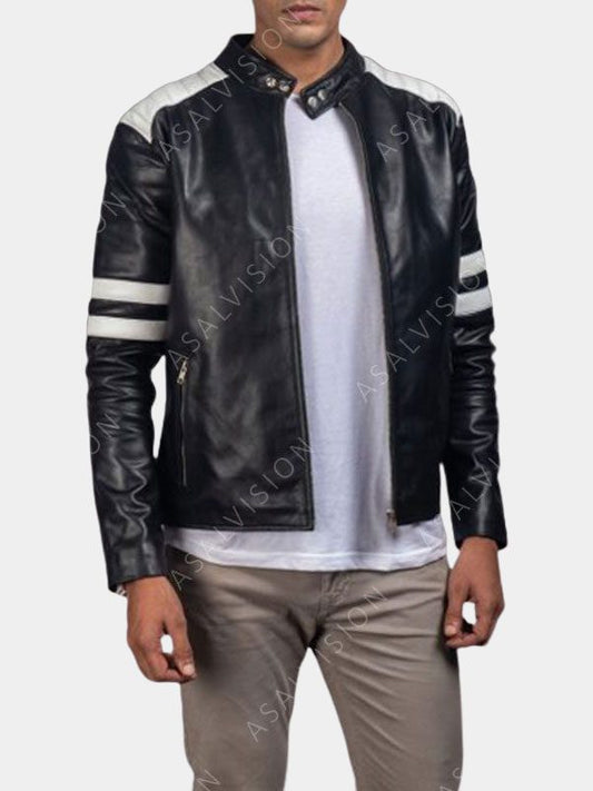 Mens Black And White Biker Leather Jacket