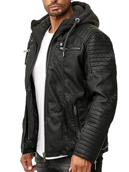 Mens Black Biker Cafe Racer Motorcycle Padded Hooded Leather Fashion Jacket