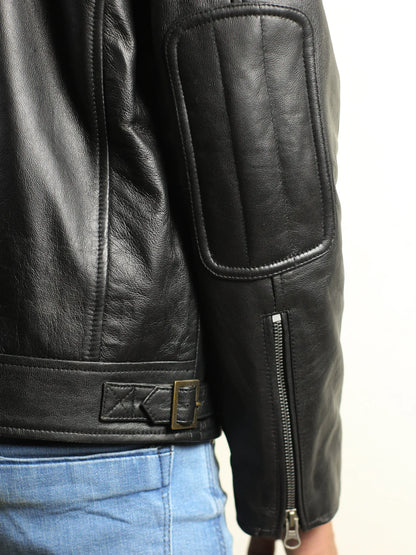 Men's Black Café Racer Jacket with Padded Elbow