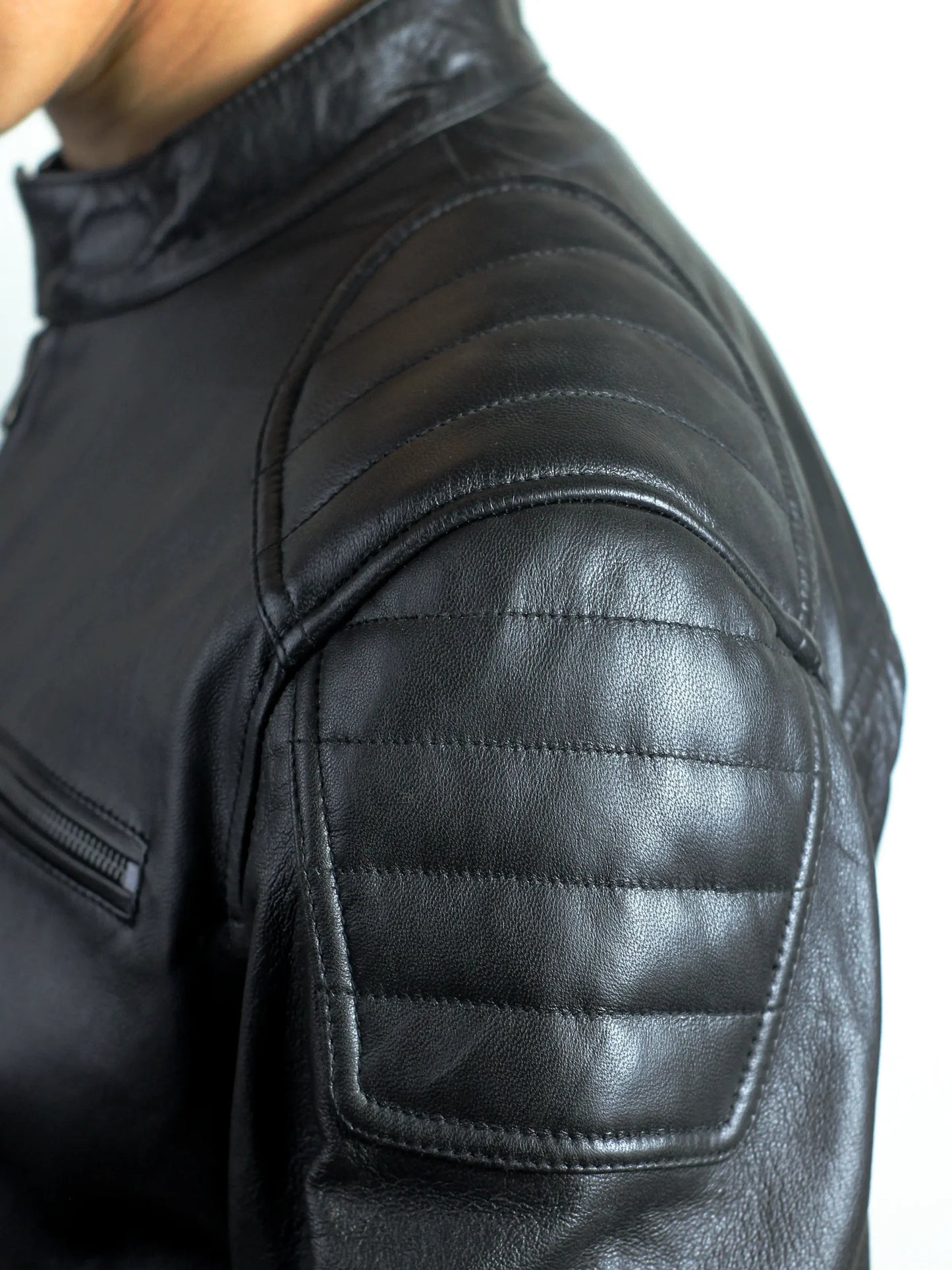 Men's Black Café Racer Jacket with Padded Shoulders