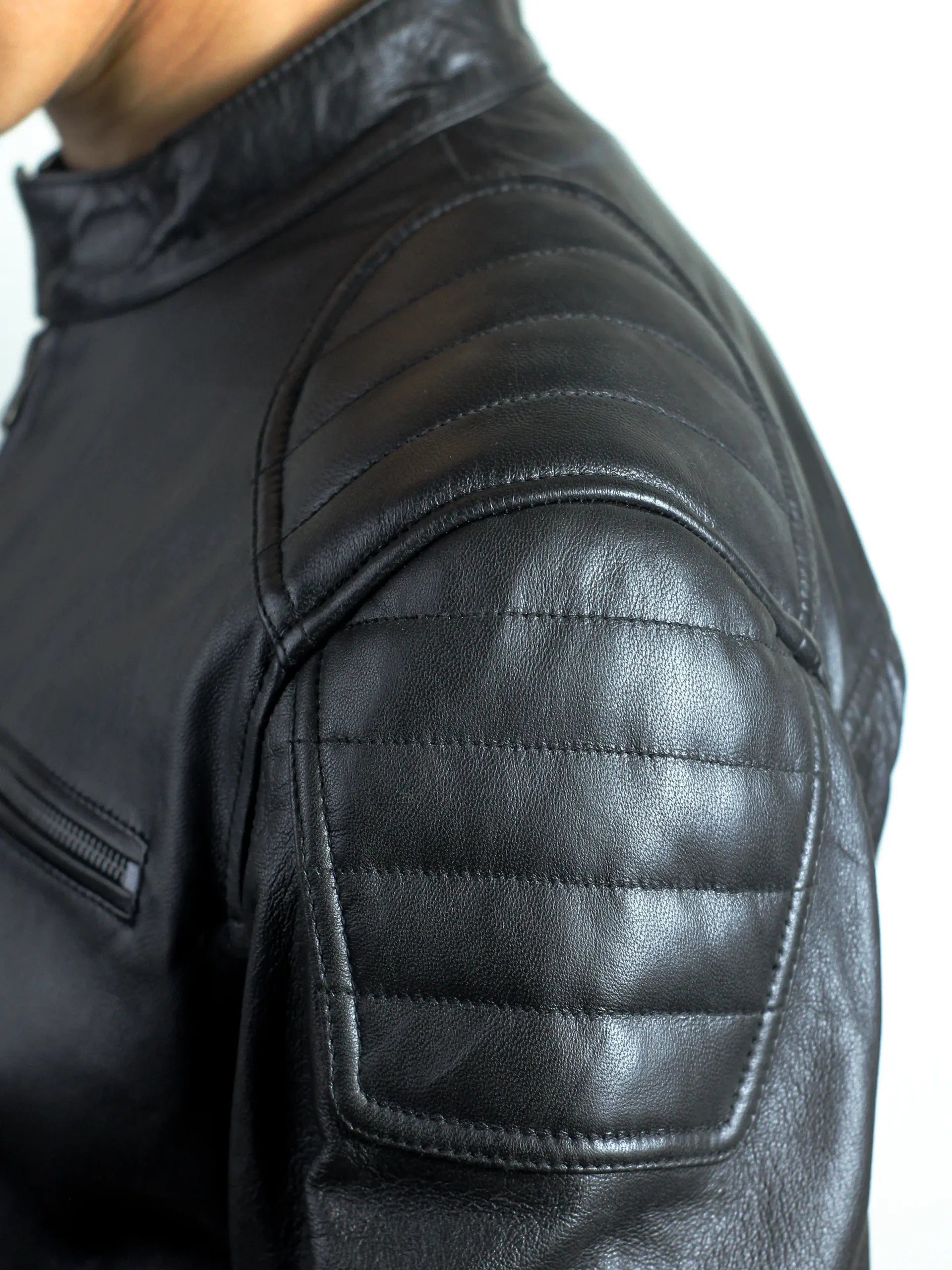 Men's Black Café Racer Jacket with Padded Shoulders