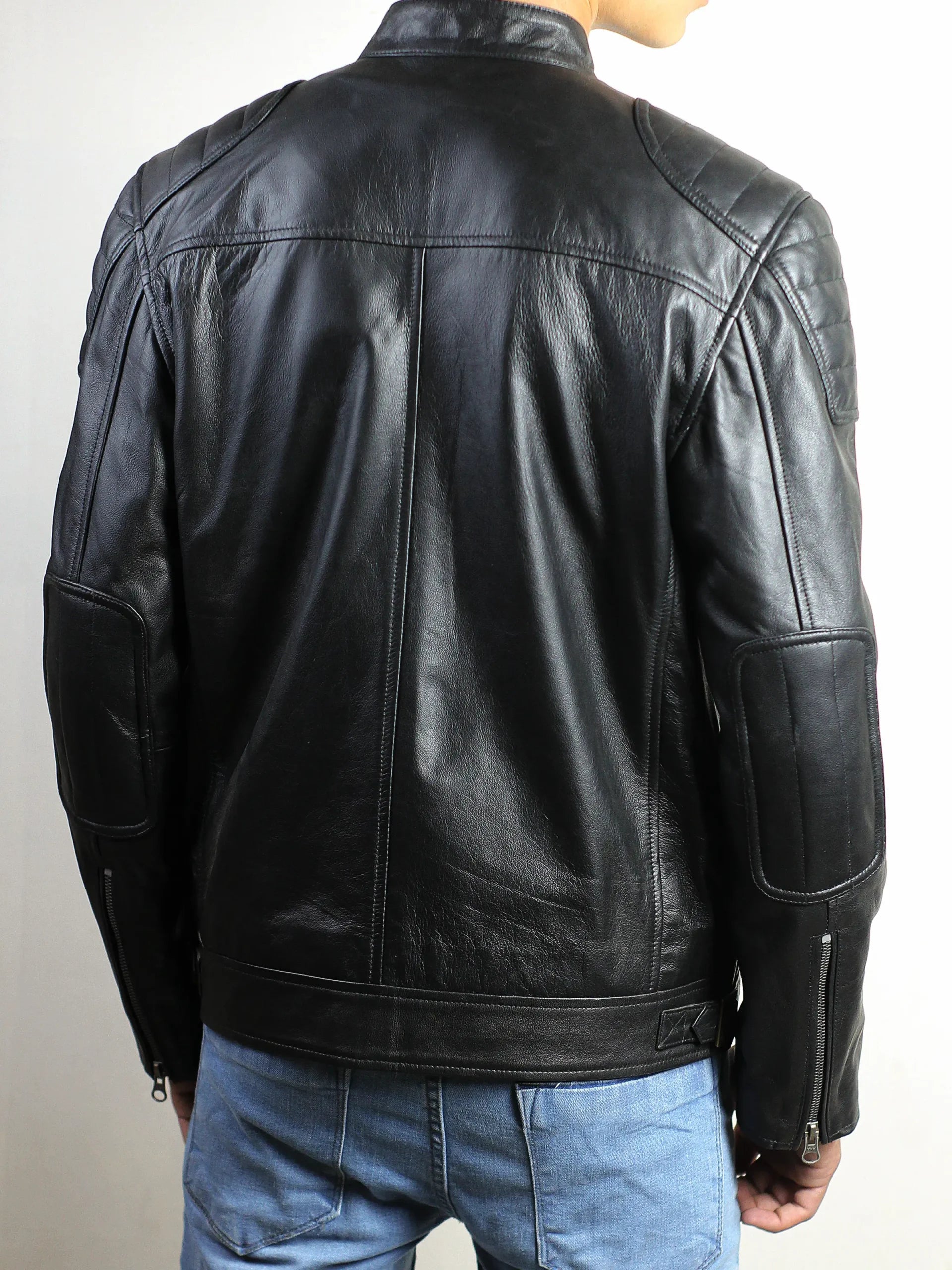 Men's Black Café Racer Leather Jacket with Padded Shoulders And Elbow