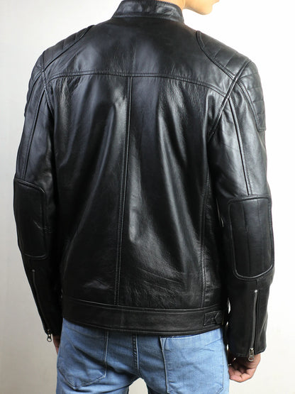 Men's Black Café Racer Leather Jacket with Padded Shoulders And Elbow