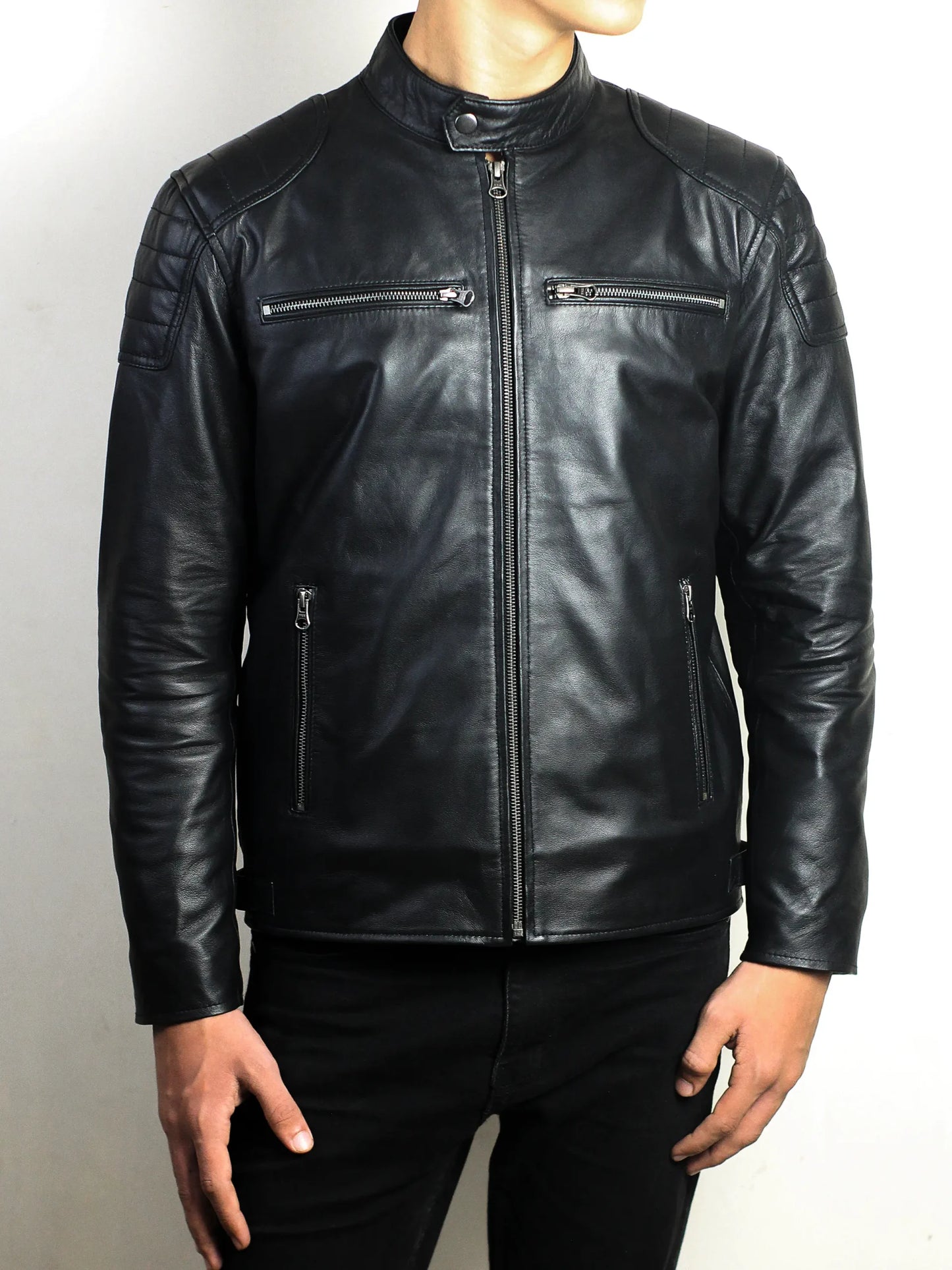 Men's Black Cafe Racer Motorcycle Leather Jacket
