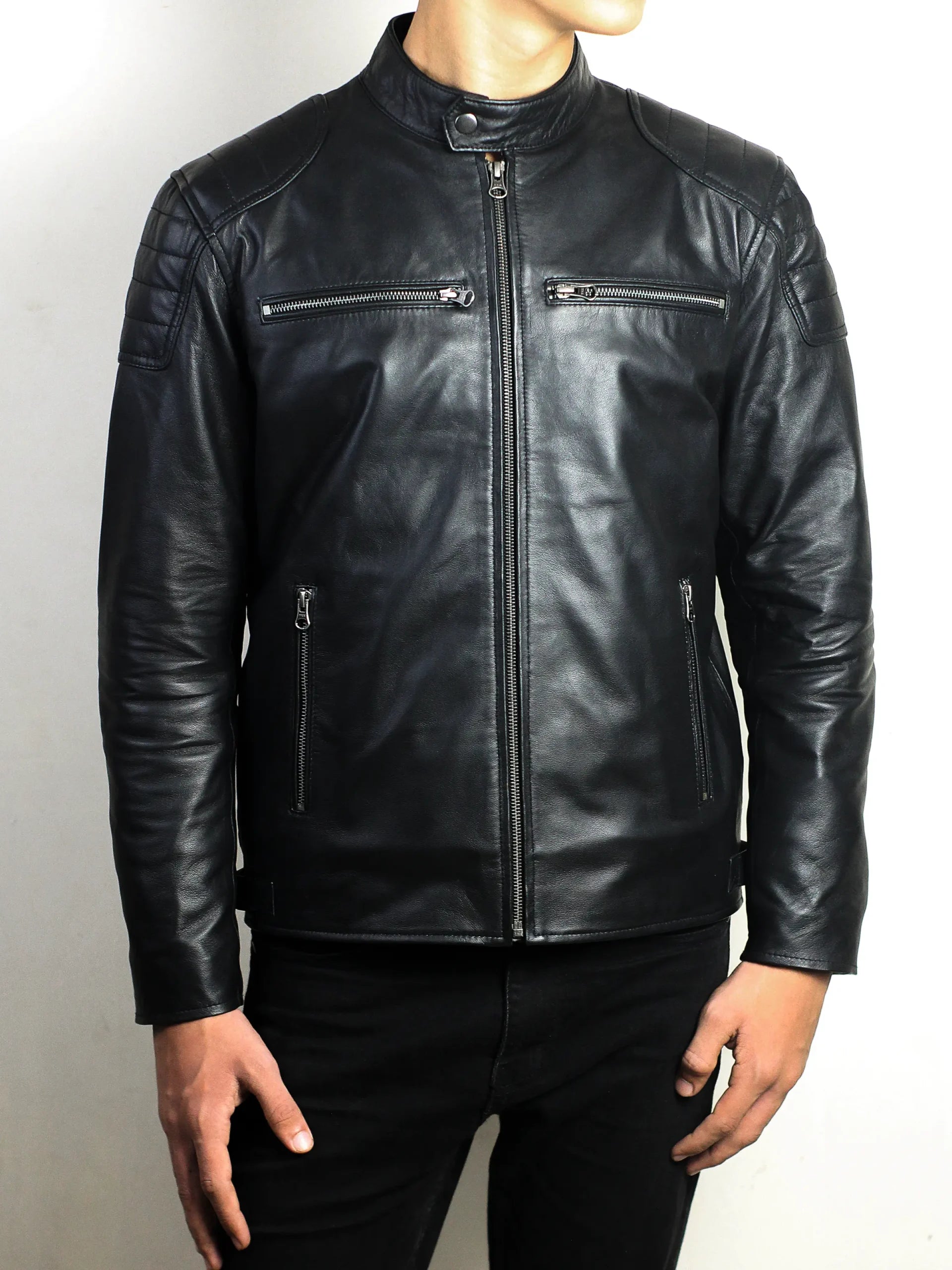 Men's Black Cafe Racer Motorcycle Leather Jacket