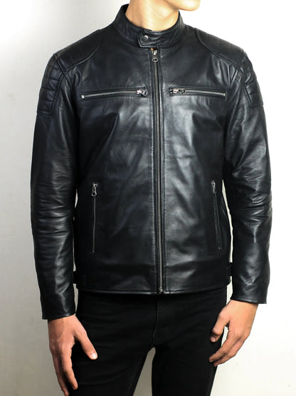 Men's Black Cafe Racer Motorcycle Leather Jacket