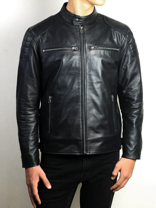 Men's Black Cafe Racer Motorcycle Leather Jacket