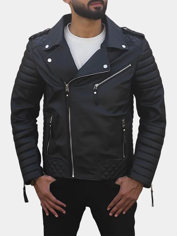 Mens Black Diamond Quilted Biker Leather Jacket