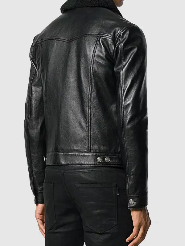 Men's Black Fur Collar Trucker Leather Jacket