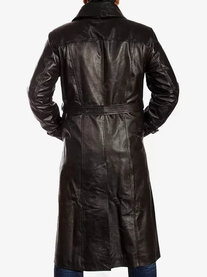 Men's Black Genuine Leather Trench Belted Coat