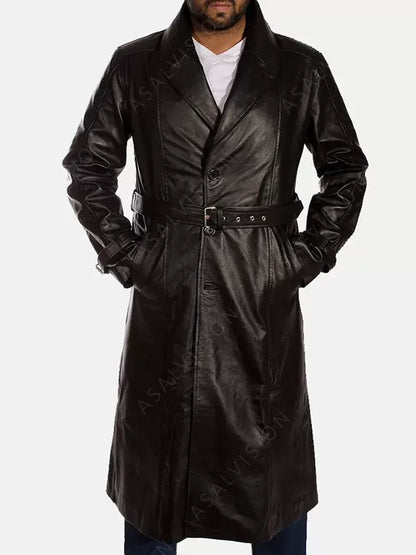 Men's Black Genuine Leather Trench Coat