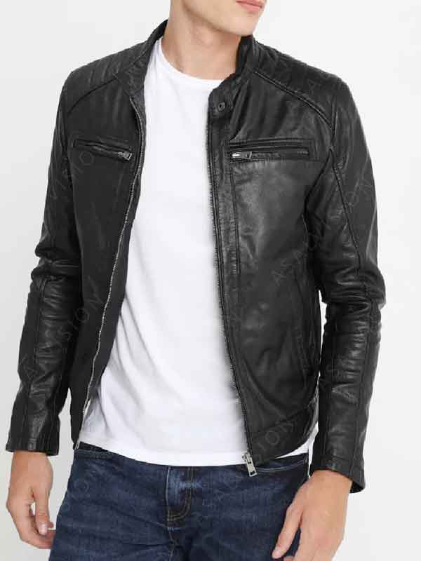 Mens Black Hood Cafe Racer Leather Jacket With Hood