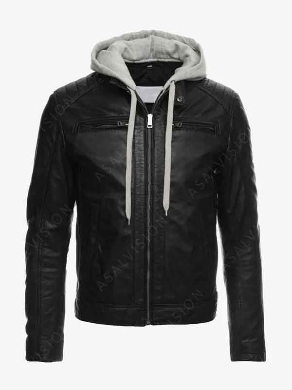 Mens Black Hood Leather Jacket With Hood