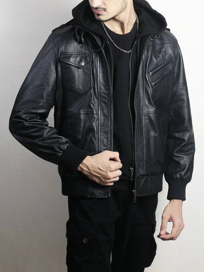 Men’s Black Lambskin Leather Hooded Bomber Jacket