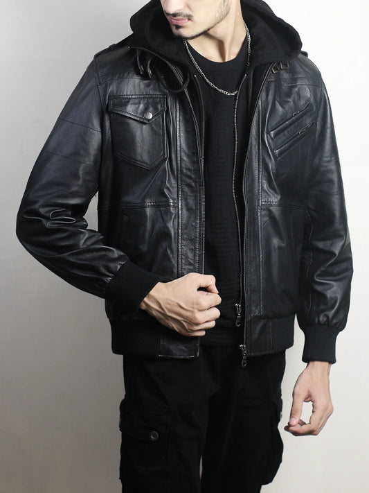 Men’s Black Lambskin Leather Hooded Bomber Jacket