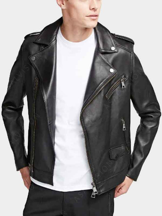 Mens Black Leather Biker Jacket With Zipper