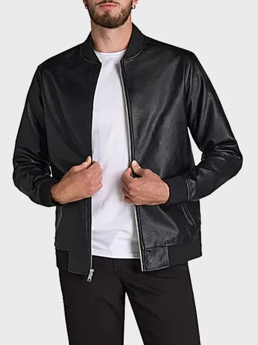 Mens Black Leather Bomber Jacket