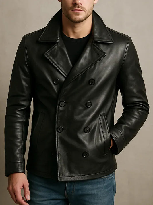 Men's Black Leather Peacoat