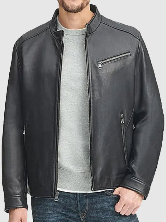 Men's Black Leather Stand Up Collar Jacket