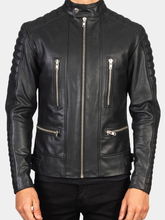 Men's Black Padded Biker Leather Jacket