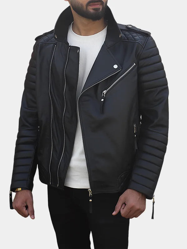 Mens Black Padded Biker Leather Motorcycle Jacket
