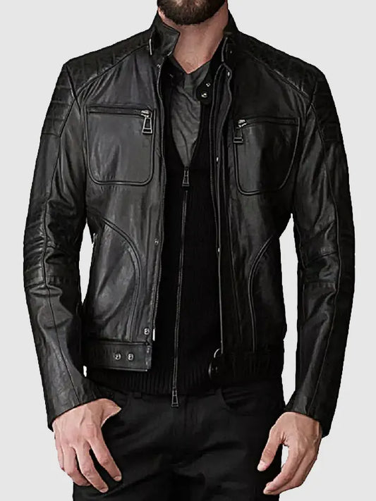 Mens Black Padded Shoulders Genuine Leather Jacket