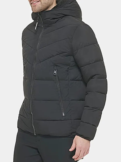 Men's Black Puffer Sherpa Lined Hooded Jacket