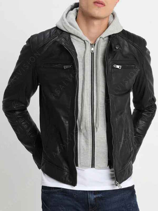 Mens Black Removable Hood Cafe Racer Leather Jacket