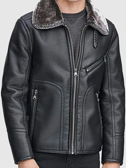 Mens Black Shearling Collar Leather Jacket