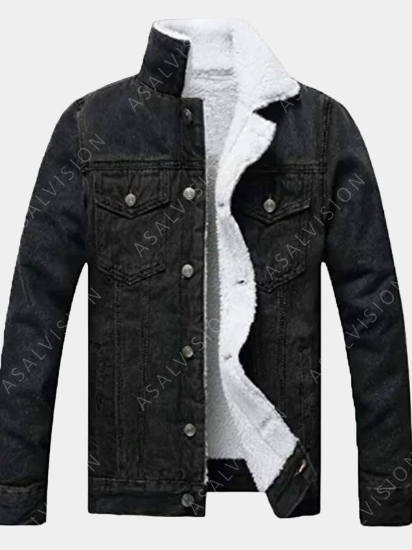 Mens Black Sherpa Lined Denim Jacket